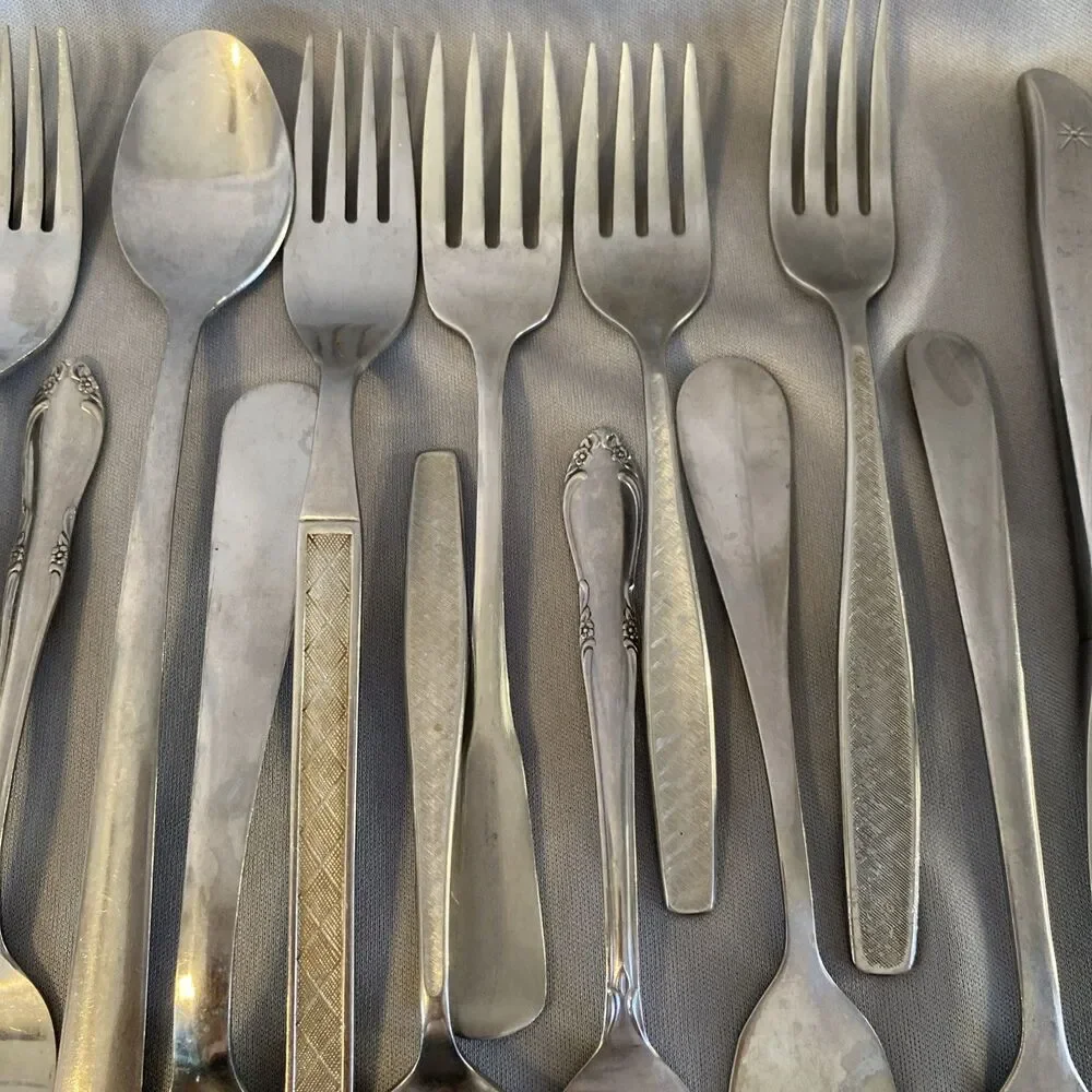 Vintage Lot Mixed Stainless Steel Flatware Silverware MCM Floral Textured Atomic